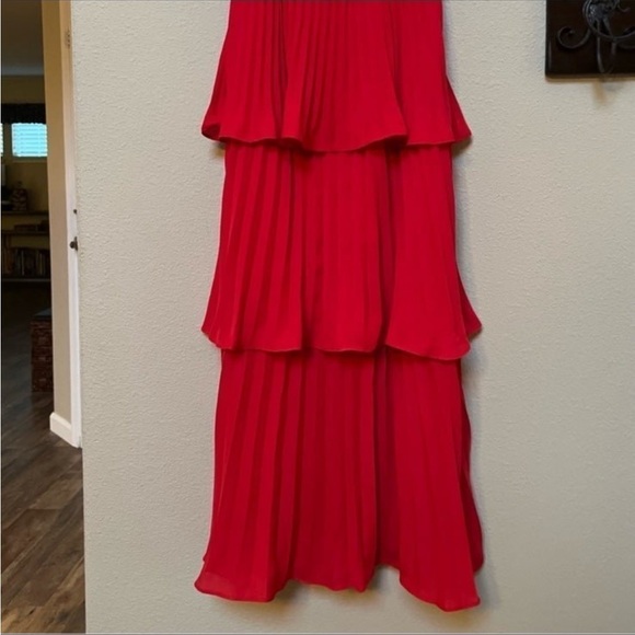 For Love & Lemons Red cascading tiered- Bustier Pleated Chiffon Midi Dress - Picture 6 of 11